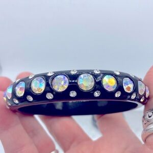Black Acrylic AB Rhinestone Studded Bangle Bracelet Elegant Style Sz 8” Sparkle
